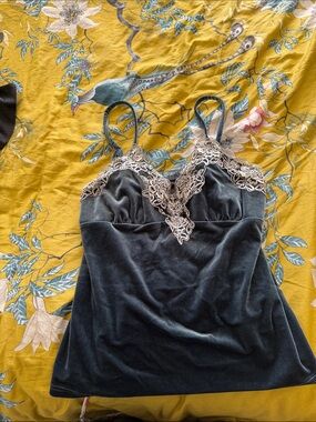 Vintage Teal Velvet Lace Trim Camisole